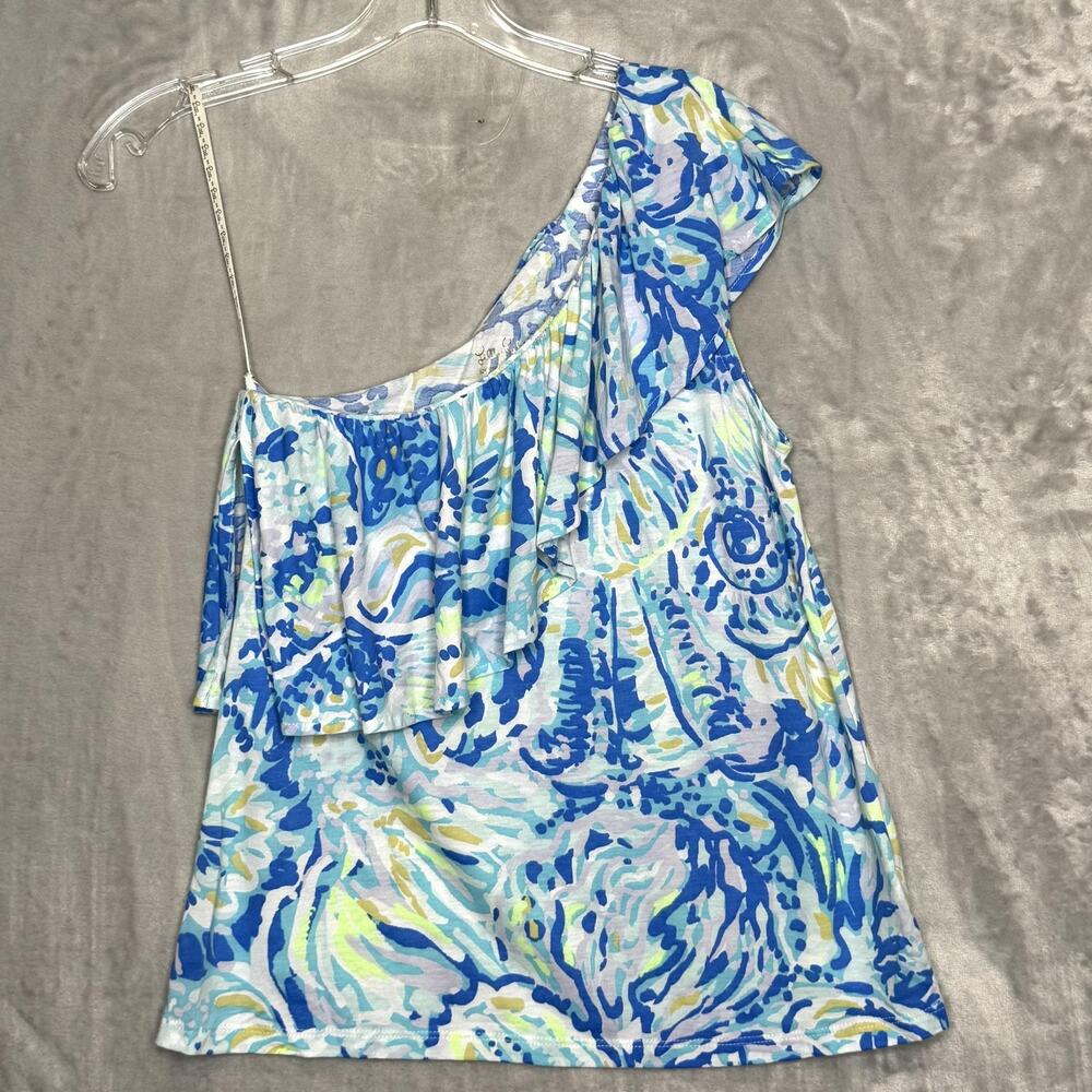 Lilly Pulitzer Top Womens XS Blue Green One Shoulder Ruffle Printed Tank Shirt